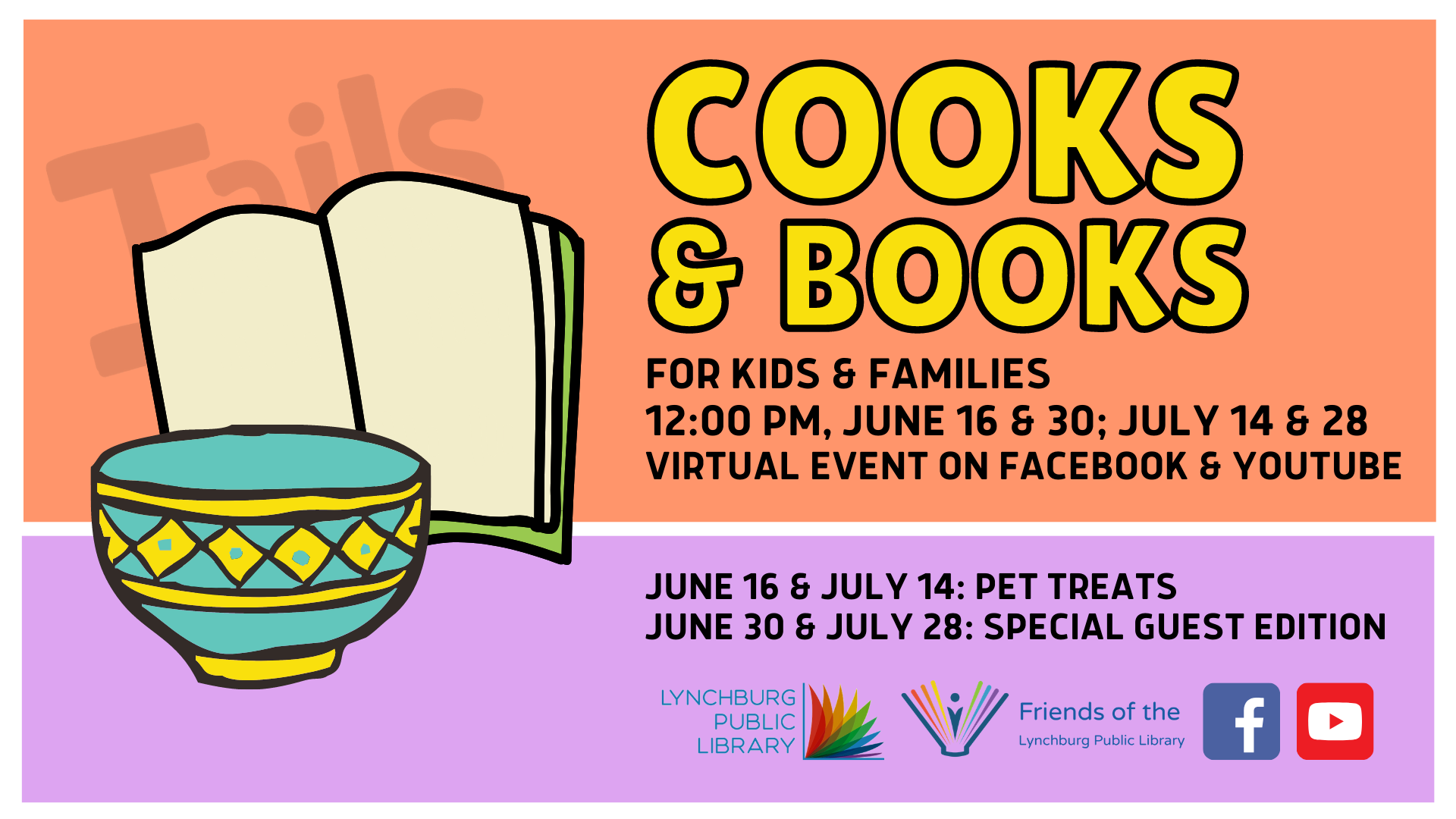 Image contains a bowl and book on a colorful background. Text repeats the Cooks & Books event information.