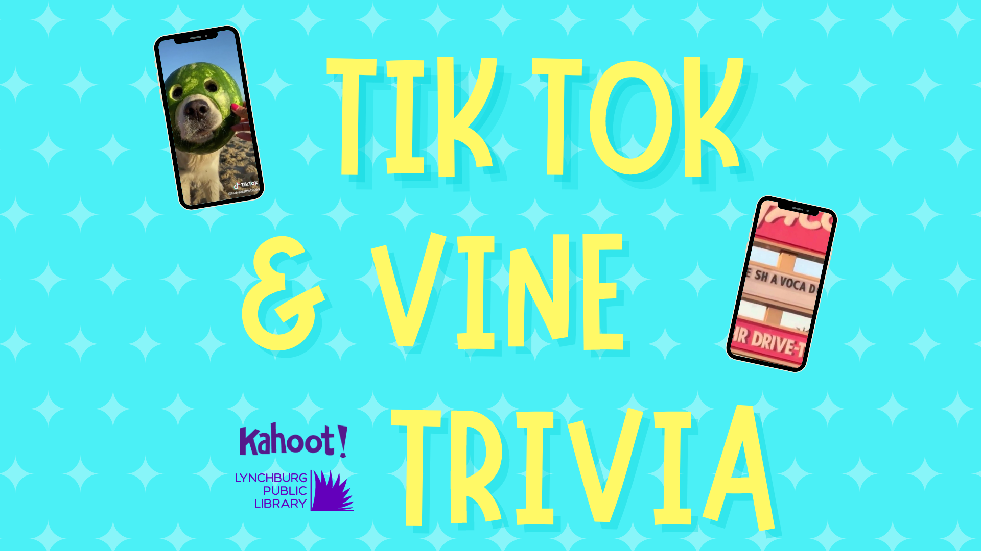 An image featuring two smartphones showing images of popular Tik Toks and Vines. The text states Tik Tok & Vine Trivia 