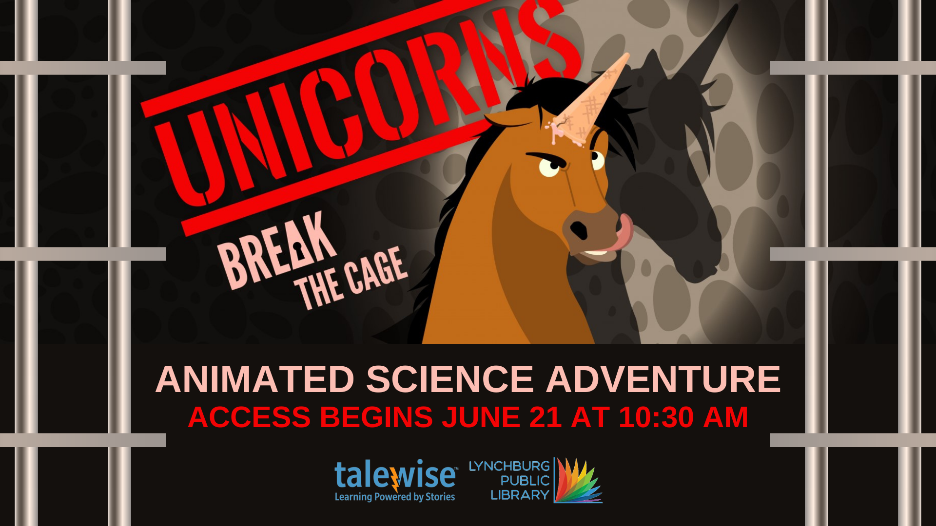 Image features a fake cartoon unicorn and the words "Unicorns: Break the Cage" along with the event information listed on this page.