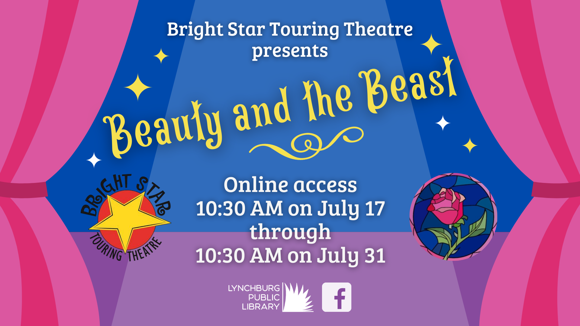 Image features a pink, purple, and blue theatrical stage with the Beauty and the Beast program title and the same date and time details listed in this event description.