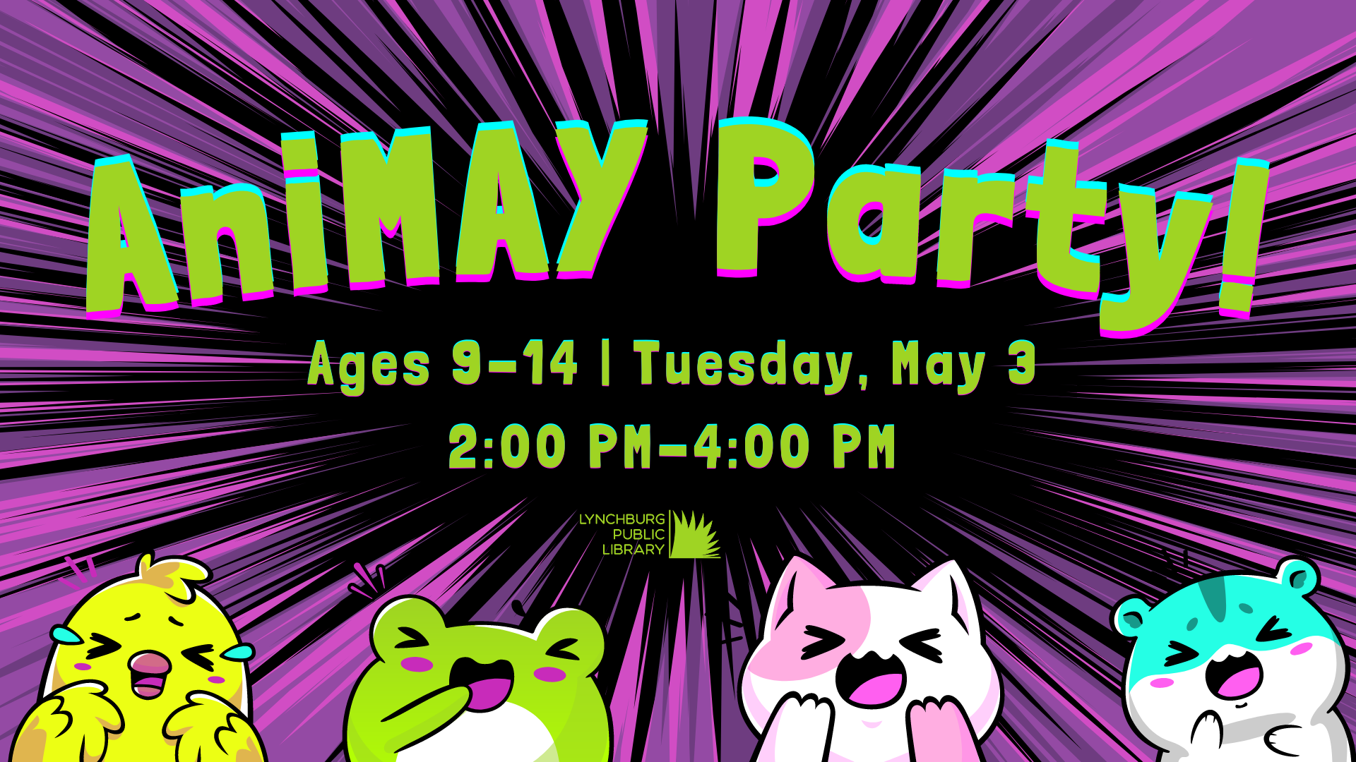 Image of chibi-style chick, frog, cat, and hamster laughing in excitement alongside information about LPL's AniMay Party