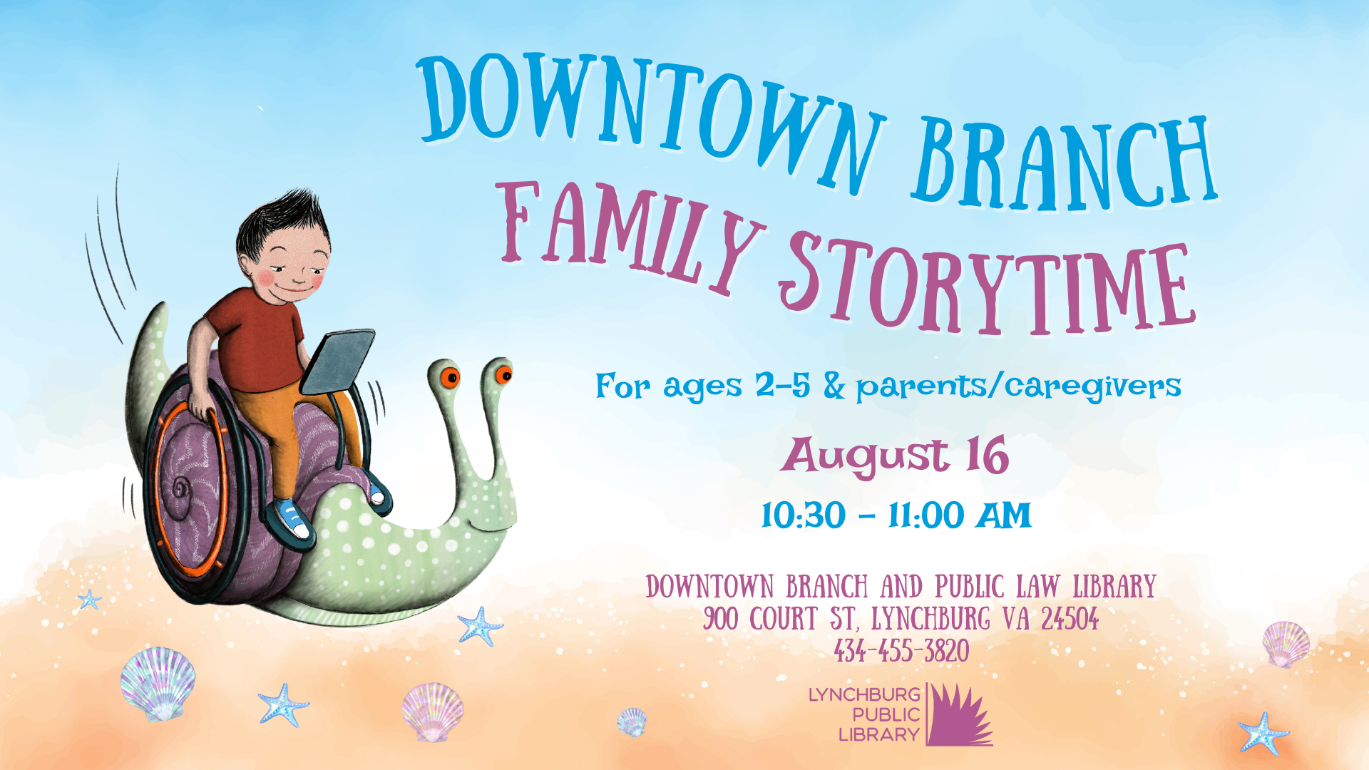 Logo for August Downtown Storytime 