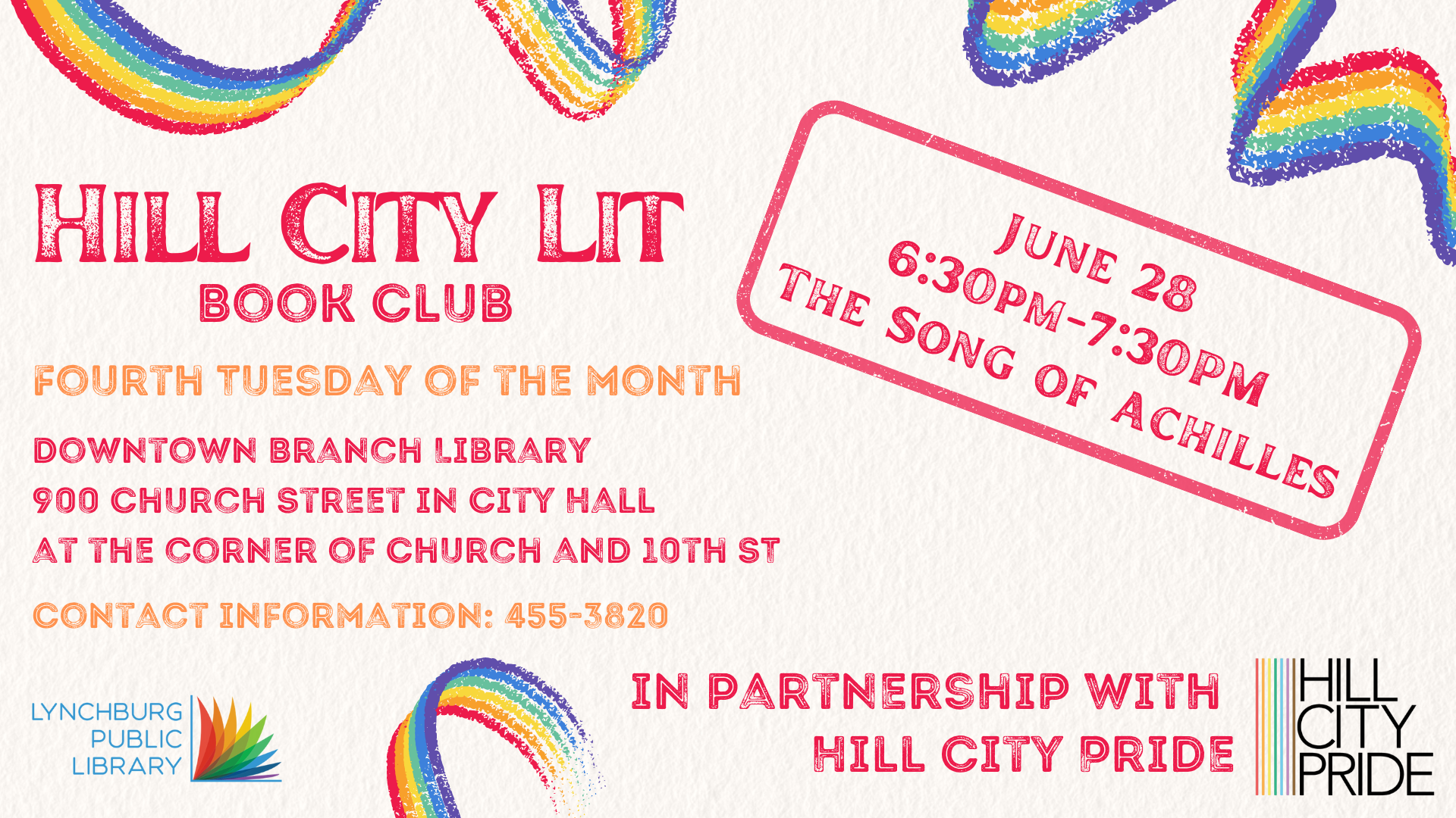 Hill City Lit Book Club for adults will meet on the fourth Tuesday of every month. The first meeting will meet at the Downtown Branch Library from 6:30 to 7:30 pm. The book we are discussing is The Song of Achilles.
