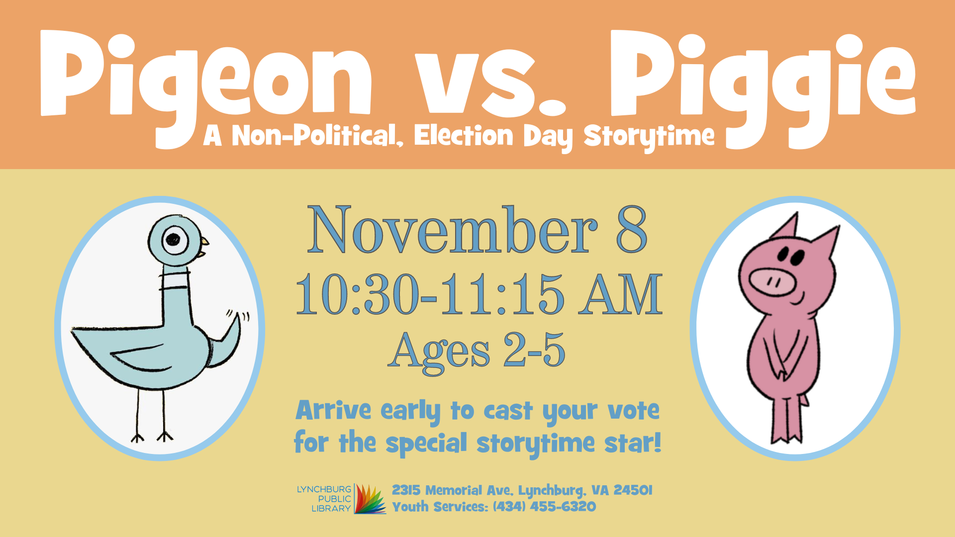 Pigeon vs. Piggie Election Day Storytime logo