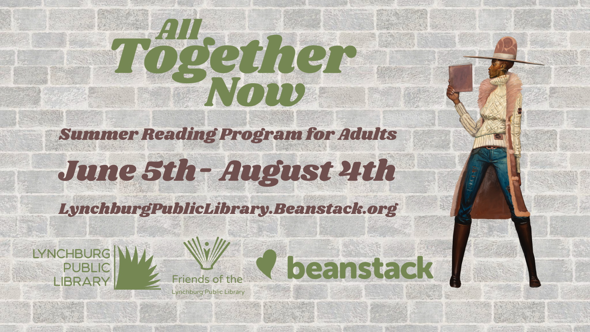 all together now summer reading program for adults; june 5th - august 4th; lynchburgpubliclibrary.beanstack.org