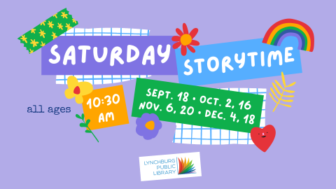 Image features a purple background with colorful cartoon collage and the event title (Saturday Storytime) and the dates and times as listed in this calendar event.