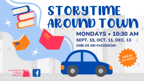 Image features the event title (Storytime Around town) with a cartoon car with books and a cityscape, as well as the virtual event dates and times as listed in this calendar event.
