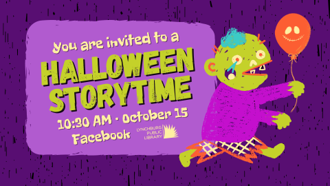 Image features a cartoon zombie on a purple background, with the event title (Halloween Storytime) and date/time info as described in this event.