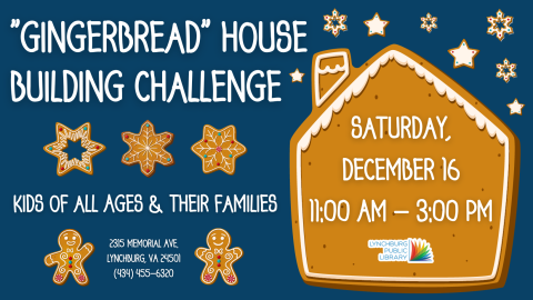 Blue background and gingerbread cookies throughout with event details.