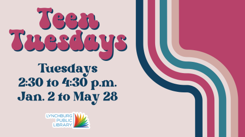 Information about LPL's Spring 2024 Teen Tuesdays program in a retro style