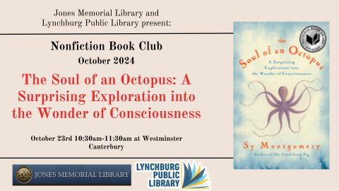 Now meeting exclusively at Westminster Canterbury!   June's book will be The Elephant Whisperer by Lawrence Anthony. Please join us for a discussion of the book and a piece from Jones Memorial Library's collection.  Wed. June 26, 10:30 to 11:30 a.m.  at Westminster Canterbury in the Hume Room