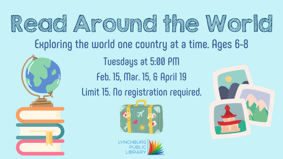 blue background with images of a globe, stack of books, suitcase, and travel photos.