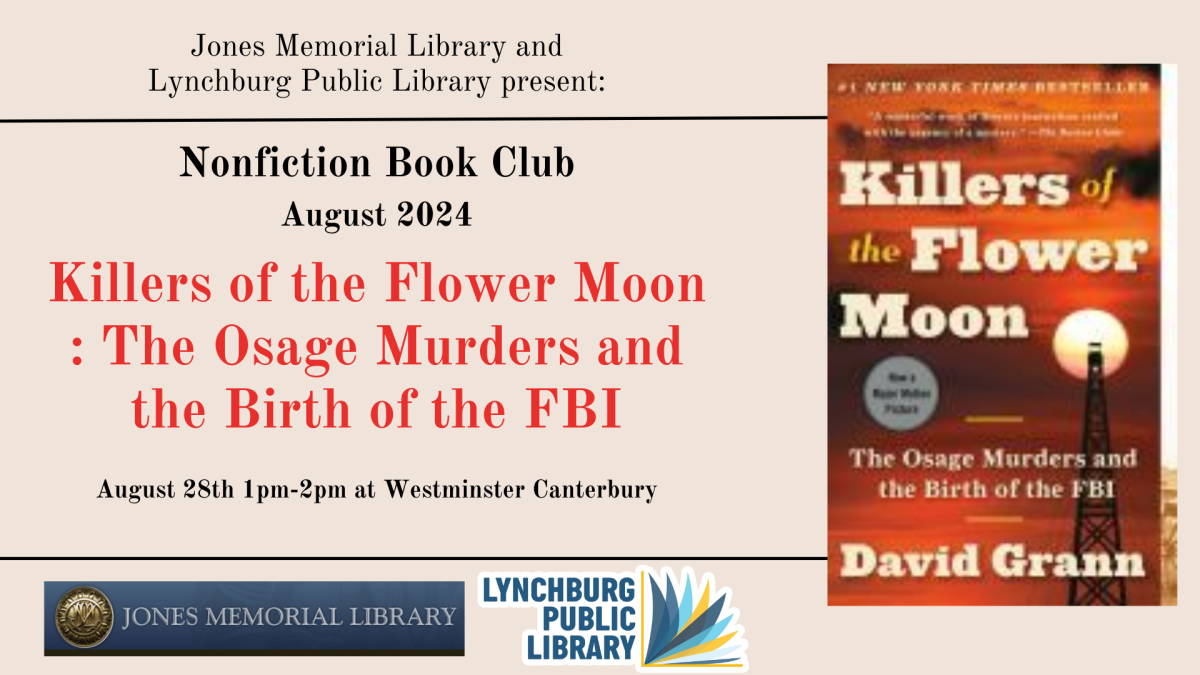 Now meeting exclusively at Westminster Canterbury!   June's book will be The Elephant Whisperer by Lawrence Anthony. Please join us for a discussion of the book and a piece from Jones Memorial Library's collection.  Wed. June 26, 10:30 to 11:30 a.m.  at Westminster Canterbury in the Hume Room